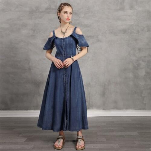 Summer Hollow Out Denim Dress 2020 Vintage Women Off-shoulder Single Breasted Swing Hem Vestidos K82228 Girls A line Dress