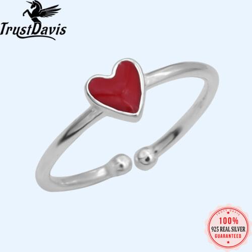 Trustdavis 925 Sterling Silver Fashion Romantic Love Pink Red Heart Opening Finger Ring For Women Wedding Party Jewelry DS294