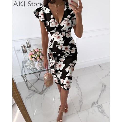 Women Summer Short Sleeve Floral Print V-Neck Pleated Slit Dress