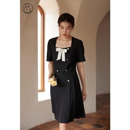 DUSHU Loose Office Lady Detachable Bow French Hepburn Style Square Collar Dress 2021 Summer Square Collar Long Black Dress