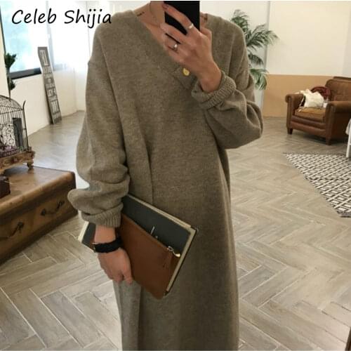 SHIJIA Korean chic loose thicken maxi sweater dress v neck Long-sleeve oversize keep warm knit dress female autumn winter 2020