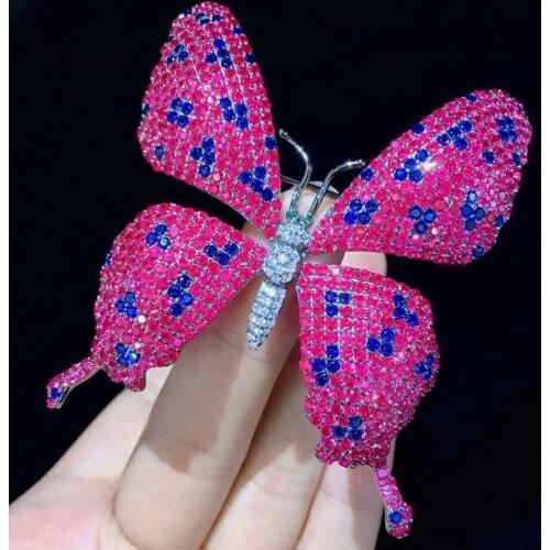 Insect butterfly brooch pins rose red color 925 sterling silver bling bling fine women jewelry anniversary luxury jewelry