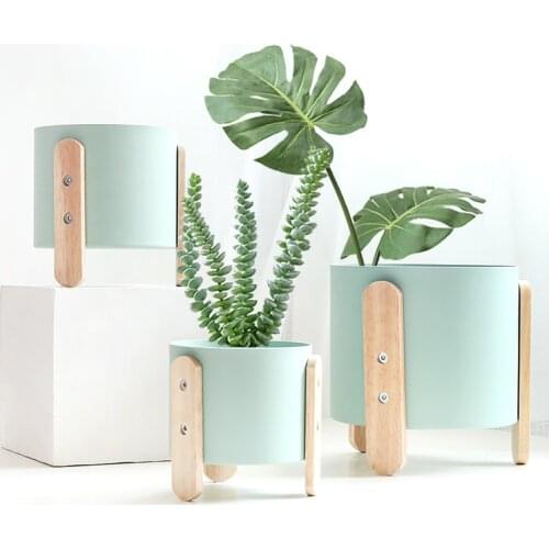 1pc Macaron Color Flowerpot Iron Planter Pot with Wooden Stand Home Decor Craft Green Plant Pot with Hole