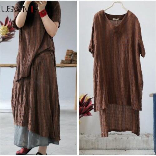 2020 Summer Plus Size Tops Retro Literary Plaid O-neck Irregular Hem Women Blouses Lattice Color Matching Loose Comfort Pullover