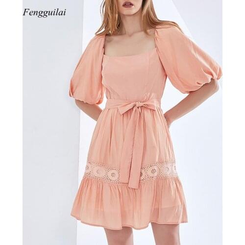 2021 Spring and Summer Fashion Puff 5-Sleeve Embroidery Lace Up High Waist Solid Color Dress Short Skirt