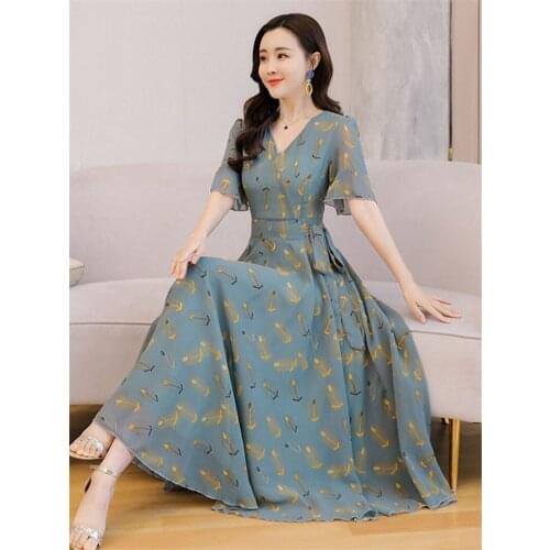 2021 Summer New Elegant Floral Chiffon Dress Fashion V-neck Flared Sleeve Plus Size Waist Gentle Wind Female Long Dresses aq334