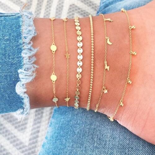 6 Pcs/Set Vintage Gold Color Lightning Star Moon Sequins Anklets Set Fashion Boho Ankle Bracelet Foot Chain Jewelry Gifts