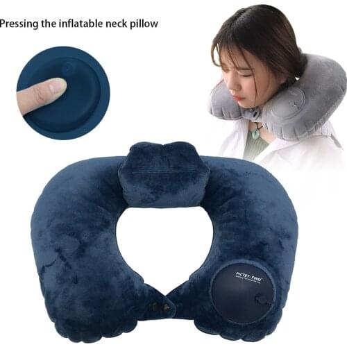 Auto Inflatable Travel Pillow,ROMIX U-shaped Neck Velvet Pillows Foldable Hand Press Office Nap Head Rest Air Cushion Travel