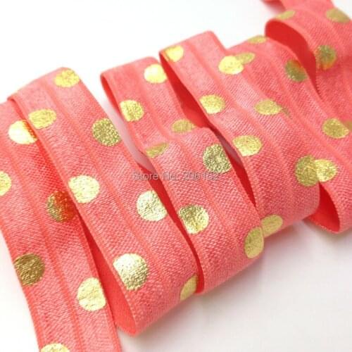 Gold Foil Big Polka Dot Printed Fold Over Elastic 5/8" Dot Print FOE Ribbon for DIY Hair Accessories Headwear 100Y/Lot