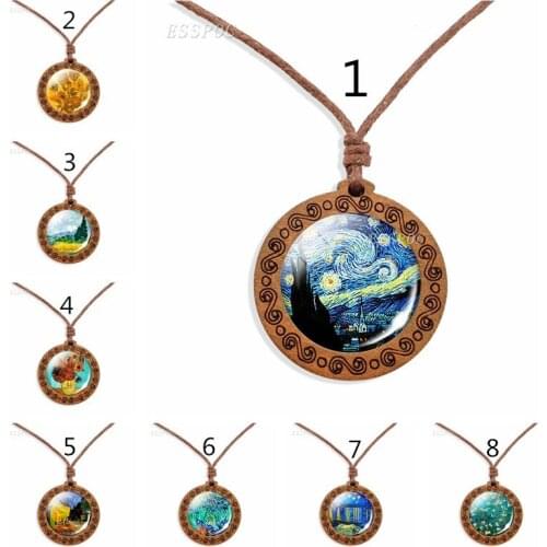 Rope Chain Jewelry Van Gogh Art Wooden Necklace, Retro Van Gogh Iris Art Pendant, Fleur-de-lis Jewelry