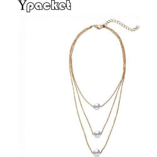 Retro Three Floors Beaded Man-Made Pearl Long Pendants Necklace Gold Choker Fashion Jewelry Ladies Gift Minimalism