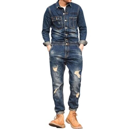 2021 Spring Jeans Overalls Men Denim Jumpsuits Lapel Long Sleeve Fashion Hole Ripped Cargo Pants Casual Fit Blue Cowboy Trousers