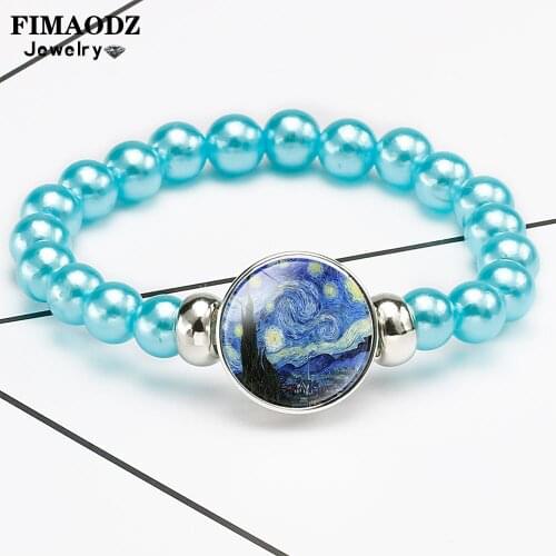 FIMAODZ Classic Starry Night Beaded Bracelet Blue Pink Beads Charm Sunflower Flower Print Bracelets Fans Jewelry