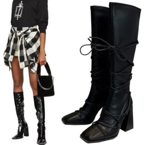 Ins Hot Woman Fashion Square Toe Knee High Boots 9 cm Chunky Heels Cross Lace Up Thin Leg Slim Tube Long Boots Big Size 43