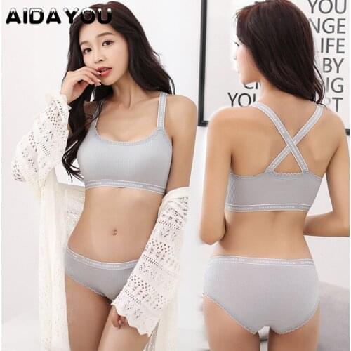 Women Padded Bra Panties Set Cotton Thin Screw Thread Push Up Bra Cross Strap Bra Seamless Panties Comfort Underwear ouc741