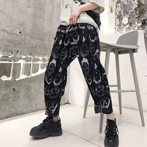 Summer Thin Mens Ankle-Length Pants Cartoon Pattern Printing Loose Harem Pants Hip-hop Trousers Casual Black Stylish V17