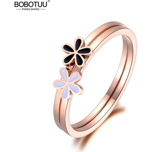 BOBOTUU Fashion White/Black Double Flowers Ring Jewelry For Women Girl Rose Gold Color Stainless Steel Anniversary Rings BR19009