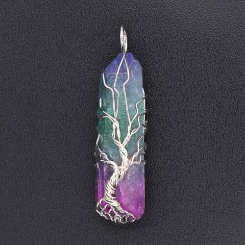 Trendy-beads Unique Silver Plated Wire Wrap Tree of Life Irregular Shape Rock Crystal Dyed Colorful Pendant