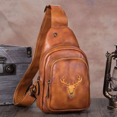 Retro Leather Men Chest Bag Mens Shoulder Messenger Bag Small Bags Head Layer Cowhide Casual Handmade Soft Genuine Leather Male