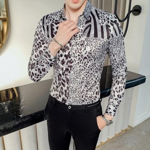 Fall 2019 Slim Long Sleeve Shirt Mens Slim Flower Whole Leopard Printing 2317 White-P55