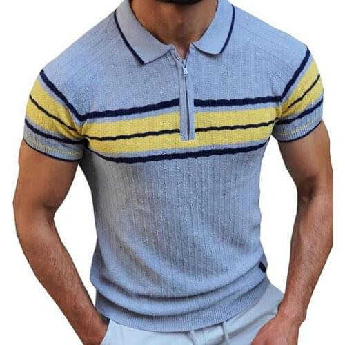 Summer Men Shirt Contrast Color Short Sleeve Knitted Contrast Color Men Lapel Zipper Striped Top Men Streetwear Shirts 2021