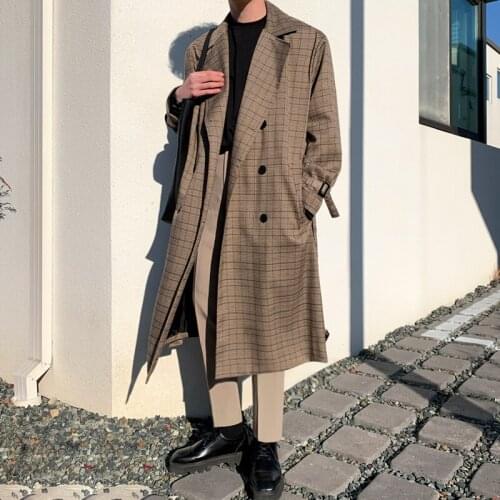 Spring Autumn Mens Long Trench Coat Plaid Checks Loose Windbreaker Outwear Belt England Style Male B3