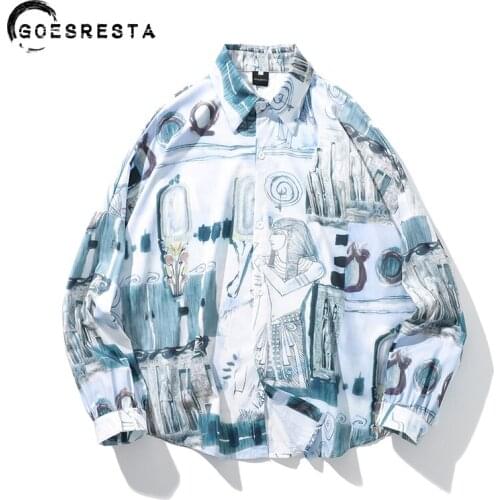 2020 New Casual Fashion Drop Shoulder Shirts For Men Full Sleeve Streetwear Oversize Harajuku Retro Print Hawailian Men Shirt