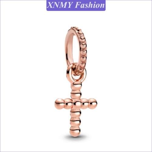 XNMY New Original Rose Gold Color Beaded Cross Dangle Charm Fit European Pandora Bracelets for Women DIY Jewelry Making