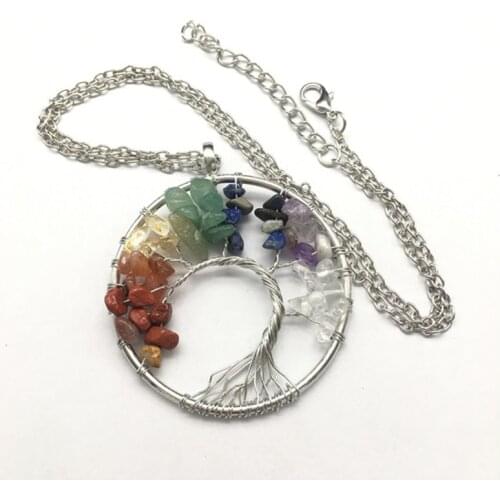 Factory Direct Sales Crystal Minerals Natural Mixed Rainbow Chakra Stone Tree Of Life Pendant Necklace For Healing