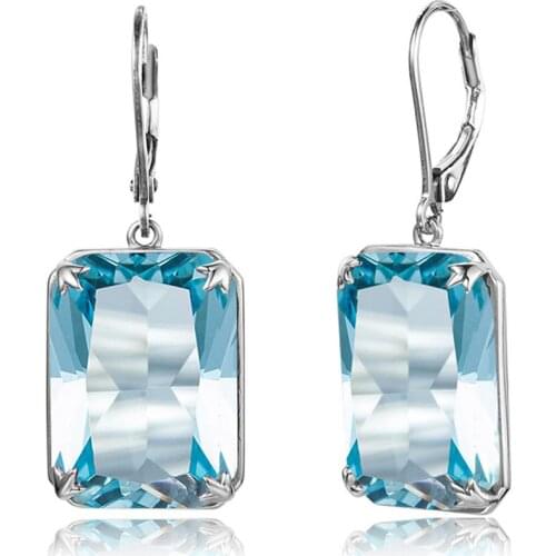 Real 925 Sterling Silver Earrings For Women Fashion Jewelry Gemstone Aquamarine Rectangle Engagement Wedding Fine Jewellery Gift