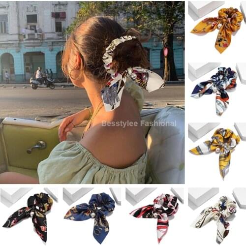 Fashion Geometric Print Bowknot Scrunchies Hair Ties Chiffon Elastic Hair Bands Hair Rope Ponytail Holder Hair Accessories
