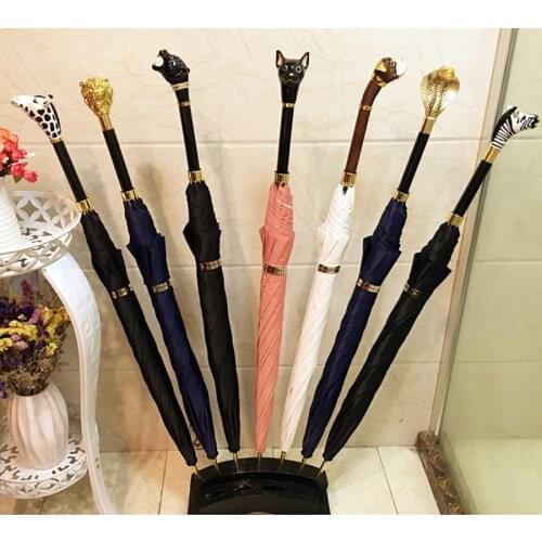 Umbrella Luxury Umbrella Long Handle Black Rain Zebra Giraffe Panther Lion Flamingo Dog Head Cat Gentleman Golden Handle Y50
