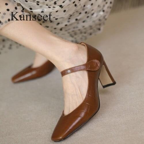 Kanseet Elegant Handmade Genuine Leather Shoe 2021 Women Pumps Spring Autumn Square Toe High Heel Party Office Brown Women Shoes