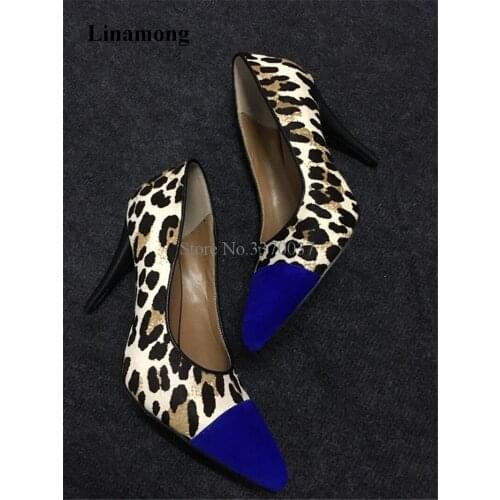 Women New Fashion Blue Pointed Toe Leopard Pumps Sexy Suede Leather Slip-on High Heels Formal Dress Shoes Wedding Shoes