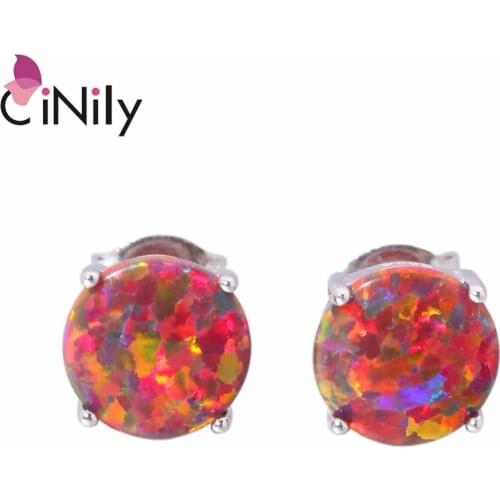 CiNily Created Blue Orange White Fire Opal Authentic .925 Sterling Silver Wholesale for Women Jewelry Stud Earrings 8mm SE001-03