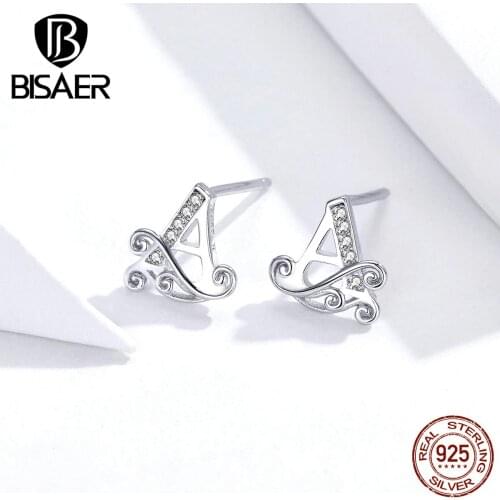 Letter earrings BISAER hot sale 925 sterling silver alphabet A letter stud earrings stud women Sterling silver jewelry ECE714