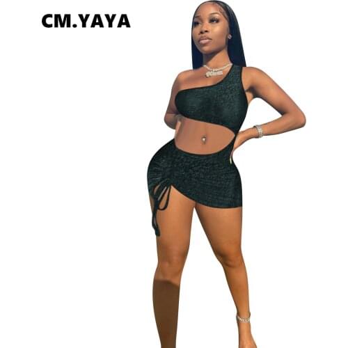 CM.YAYA Women Mini Dress Solid One Shoulder Sleeveless Skinny Cut Out Draw String Dresses Sexy Night Clubwear Summer Outfits