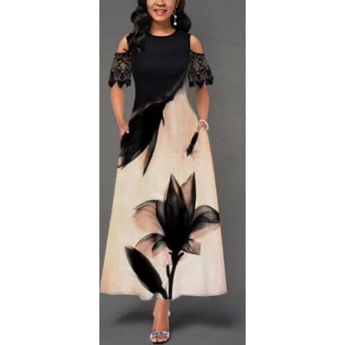 MISSJOY Women Retro Elegant Robe Round Neck Lace Stitching Short-sleeved Printed Dress Sexy Ruffled Strapless Evening Dress