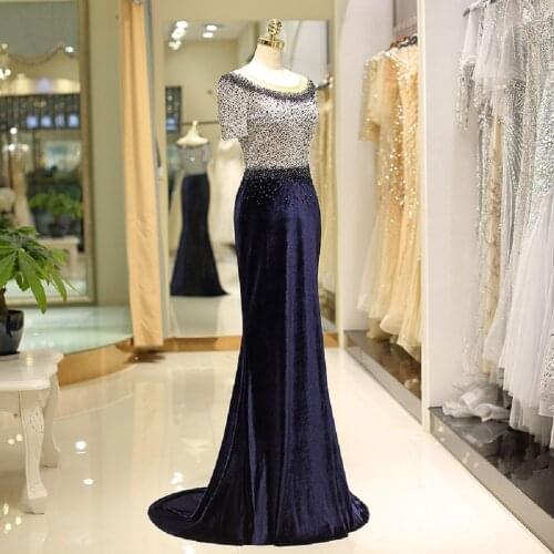 Beauty Emily New Formal Women Elegant 2018 Navy Blue Evening Dresses Long Luxury Beads Mermaid Backless Prom Dresses