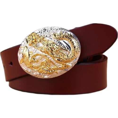 Gold buckle solid brass dragon fish Chinese style full grain cowhide genuine leather mens belts luxury brown black high quality