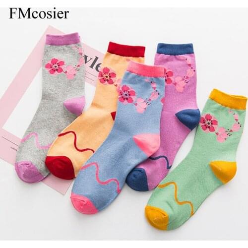 5 Pairs Popular Style Fashion Happy Color Sheer Floral Cotton Caramella Womens Ladies Elastic Beautiful Socks