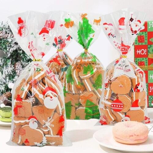50Pcs Christmas Gift Bag Transparent Plastic Bags for Presents Candies Cookies Xmas Home/Store Sale Gift Cookies Wrapping Bags