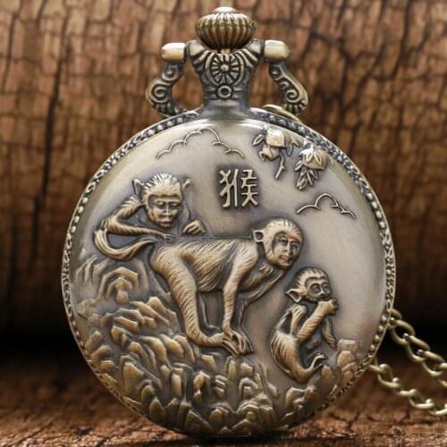 Retro 3D Monkey Design Bronze Quartz Pocket Watch With Necklace Chain Free Drop Shipping Gift To Children Kids
