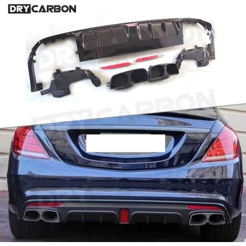 For W222 Rear Bumper Lip Diffuser Spoiler with 4 Outlet Exhaust Tips For Mercedes Benz S Class W222 S63 S65 AMG 2014-2017