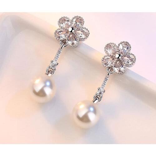 925 Sterling Silver Elegant Plum Flower Zircon Dangle Earrings With Simulated Pearl Pendant For Women Wedding Party S-E252