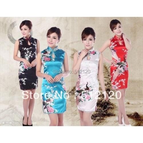 Shanghai Story 2019 cheongsam dress vintage Crane printed Cheongsam Dress Chinese traditional dress Faux Silk Qipao 4 color