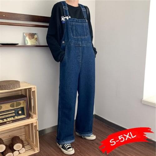 Korean Style Denim Overalls Solid Pockets High Waist Jeans Full Length Loose Womens Clothing Blue Fashion Jumpsuit 2021 Autumn