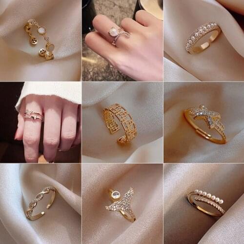 Korean Simple Round Open Rings Chic Twist Pearls Rhinestone Rings For Women Adjustable Joint Index Finger Jewelry