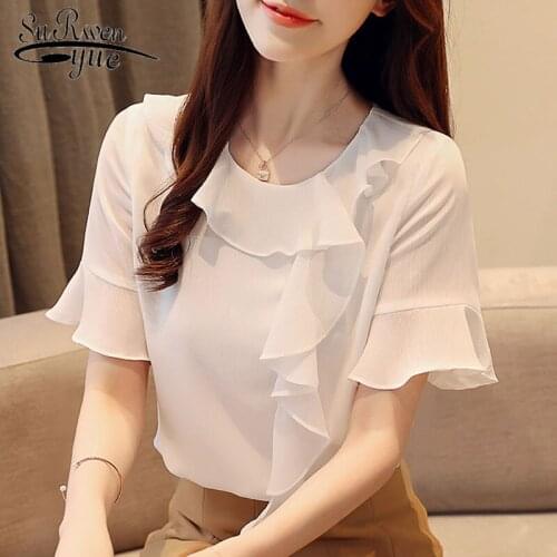 Korean Womens Tops and Blouses Solid Short Sleeve White Chiffon Blouse Blusas Mujer De Moda 2020 Fashion Office Lady 8855 50