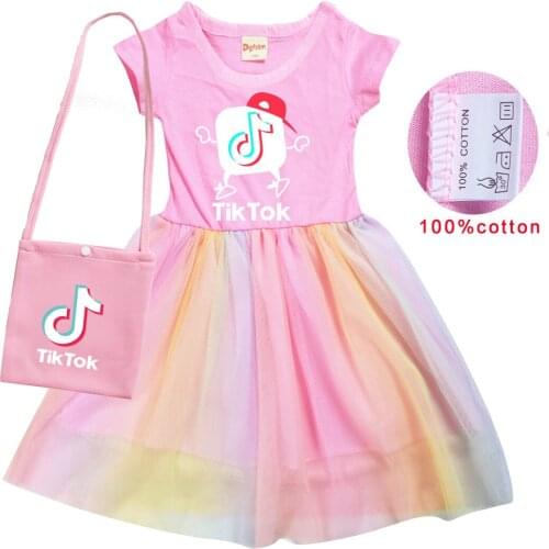 TIK TOK Summer Girls Cotton T Shirt + Print bag Gauze Patchwork Dress Children Girl Home Party Casual Clothes Dresse